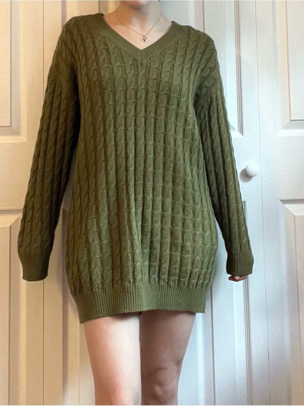 Olive Green Cable Knit V-Neck Sweater Dress